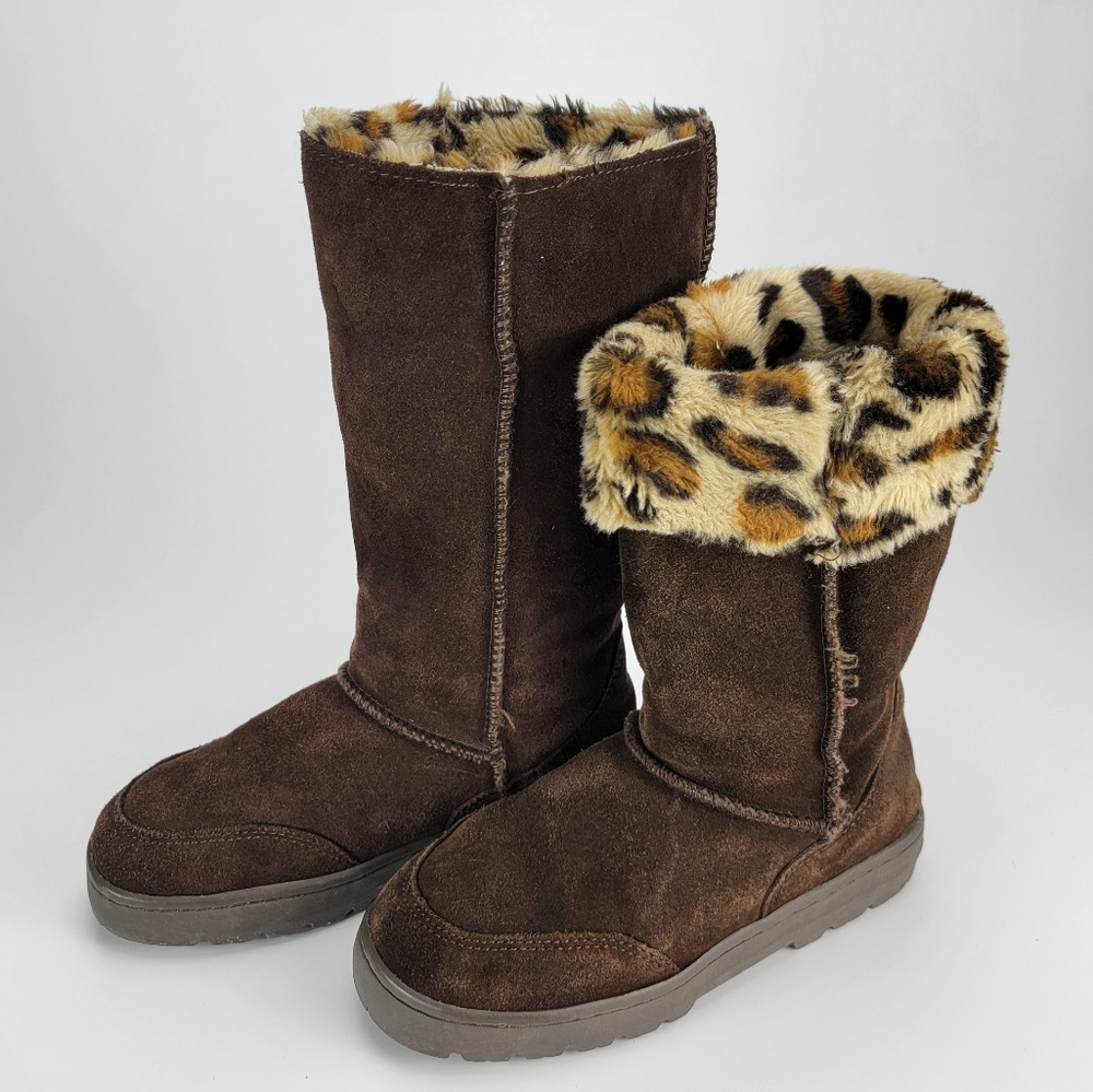 Brown Suede Boots with Leopard/Cheetah Lining- Calf Winter Boot with Fur Lining
